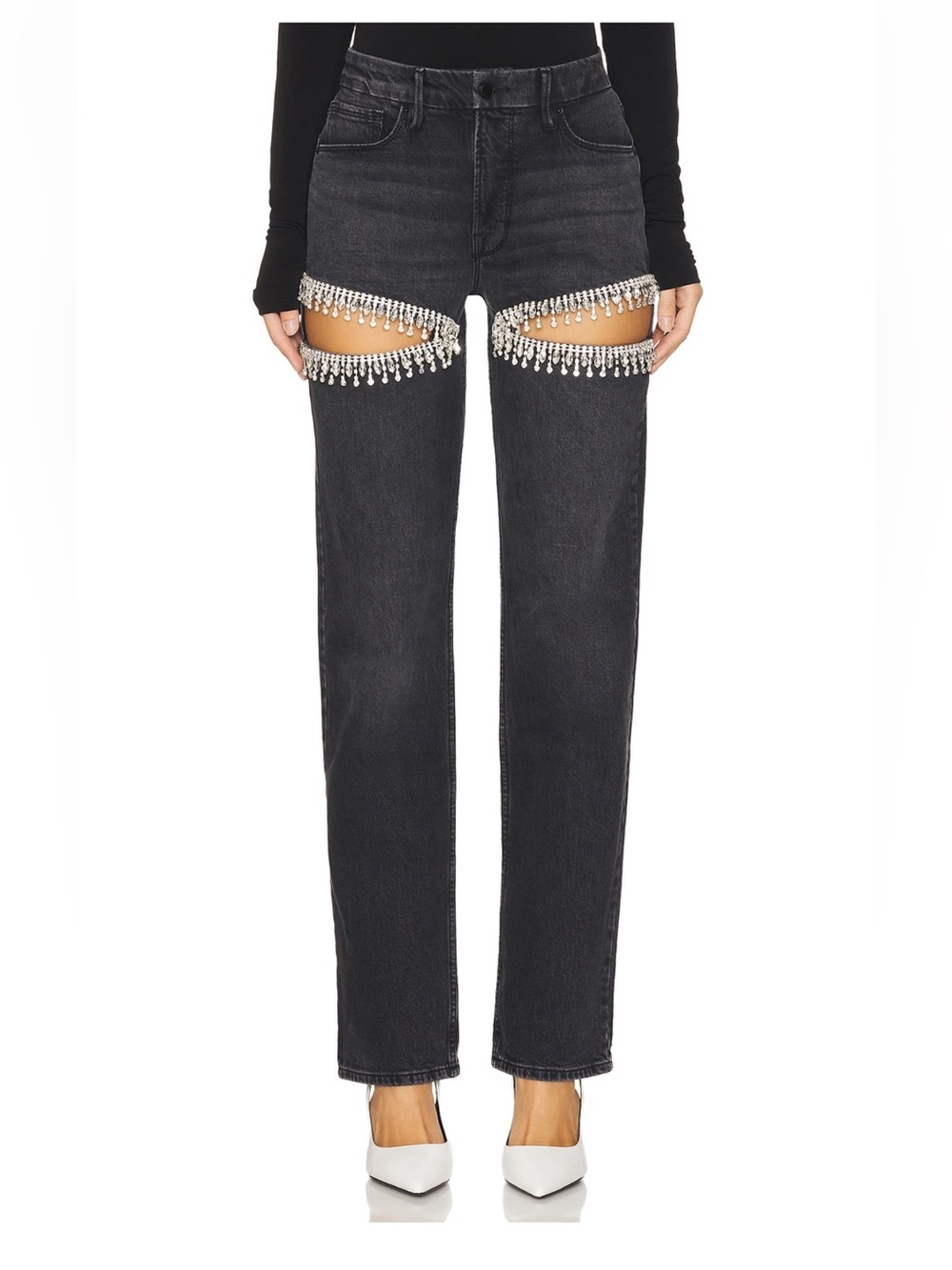 Good American Black Boot Cut Jeans with Crystal Fringe